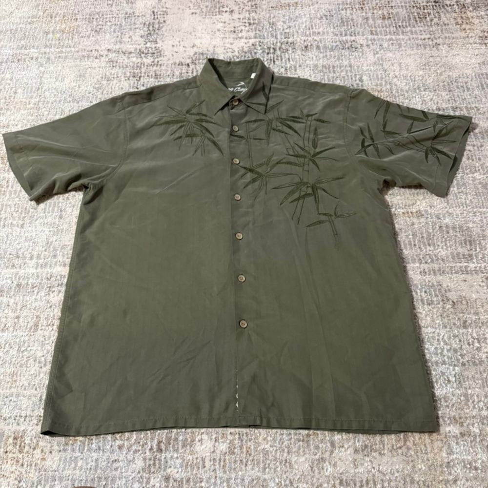 Bamboo Cay Button Up Shirt Mens Medium Green Embroidered Bamboo Silk Blend Short